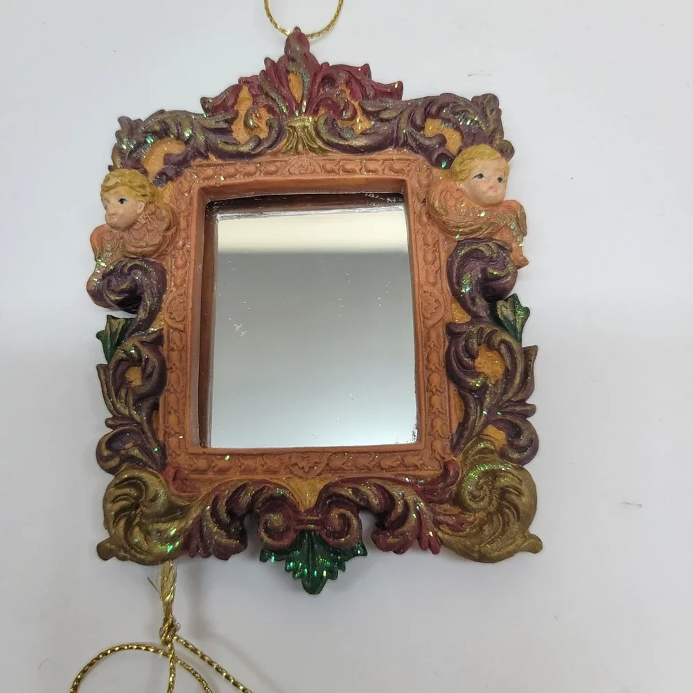 Vintage Cherub Angel Mirror Ornaments Set of 4 Victorian Gold Resin Christmas